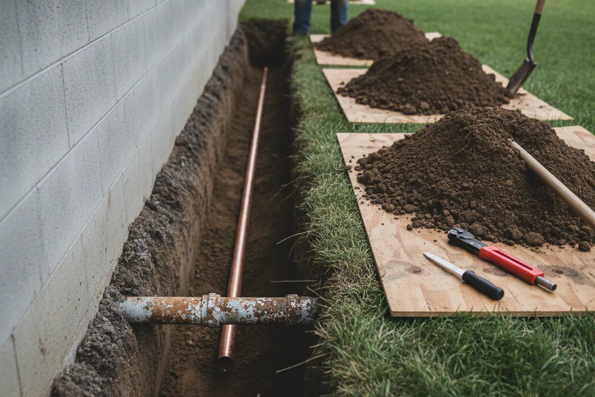 Excavated water line trench during Water Heater Repair in Dover